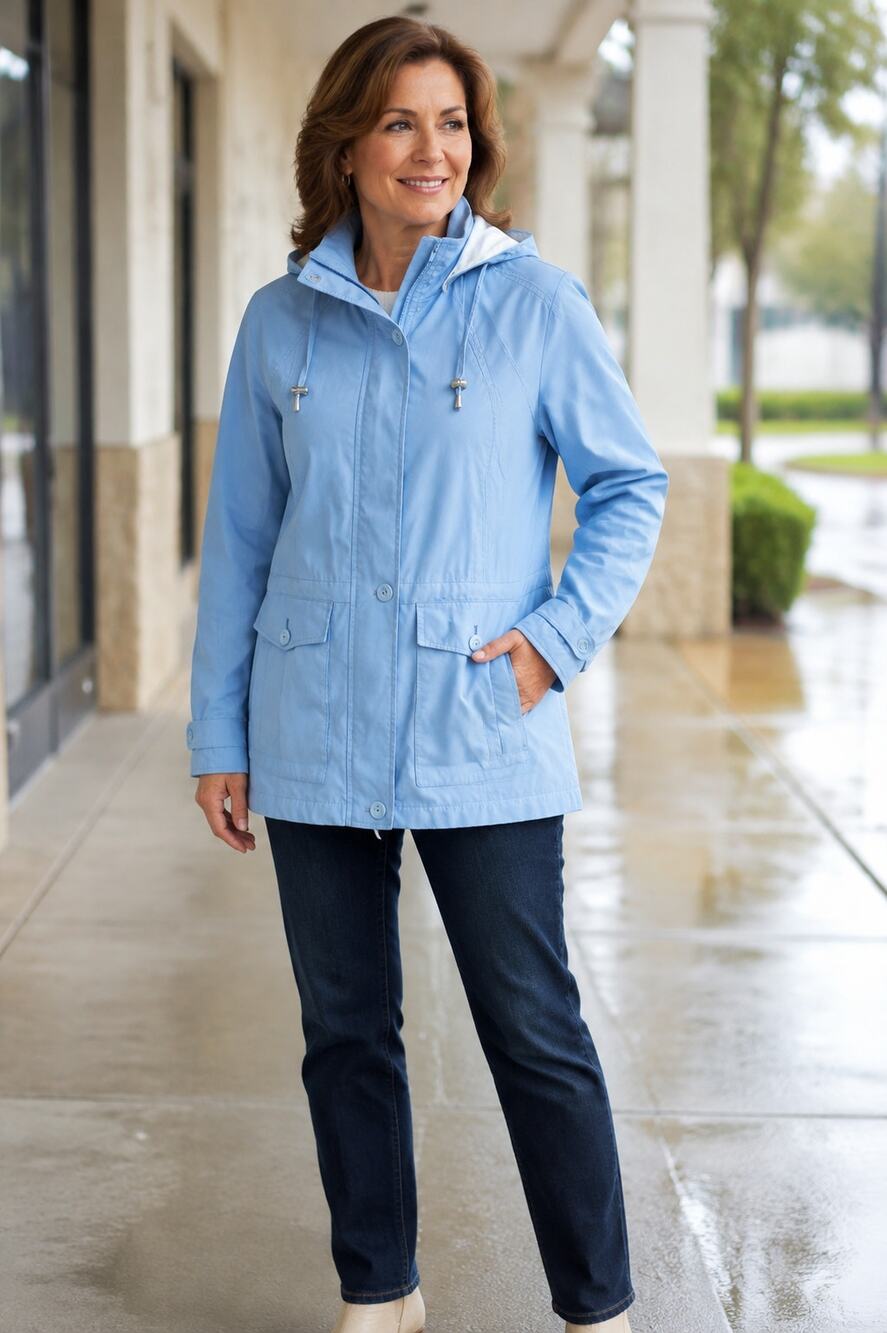 London Fog Petite M Blue Hooded Rain Jacket Lightweight Utility Coat